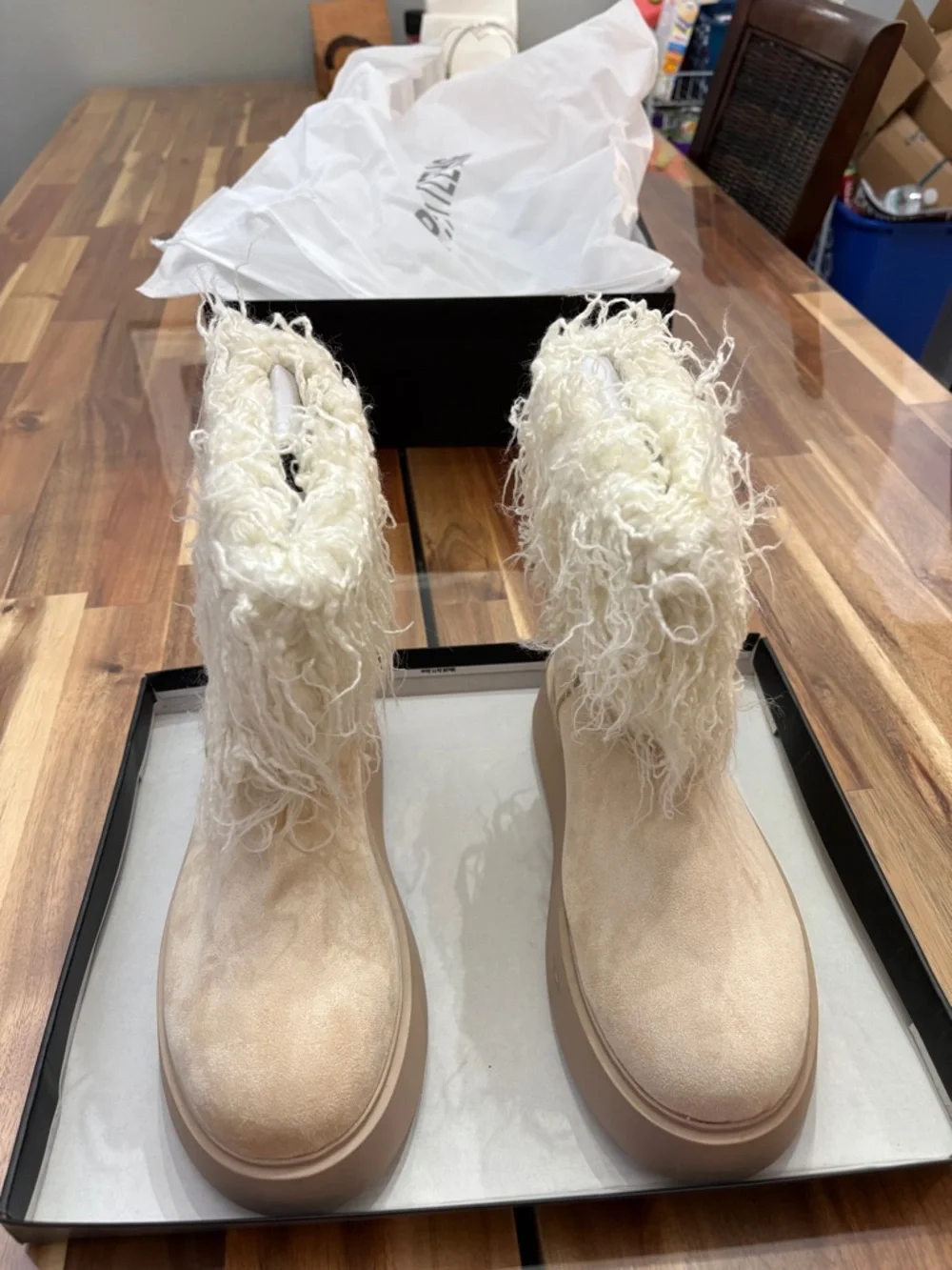 NIB Flawed Sz 9 PLT Cream Faux Suede Contrast Faux Fur Ankle Boot Off White